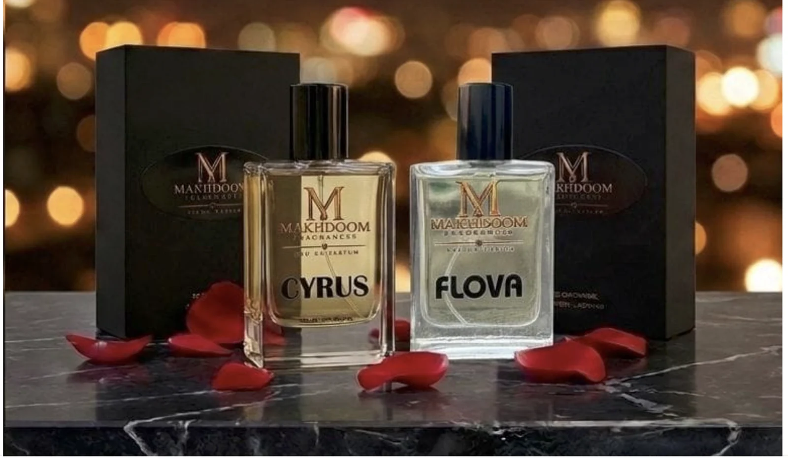 Cyrus and Flova bottles with their black gift boxes and rose petals on dark marble